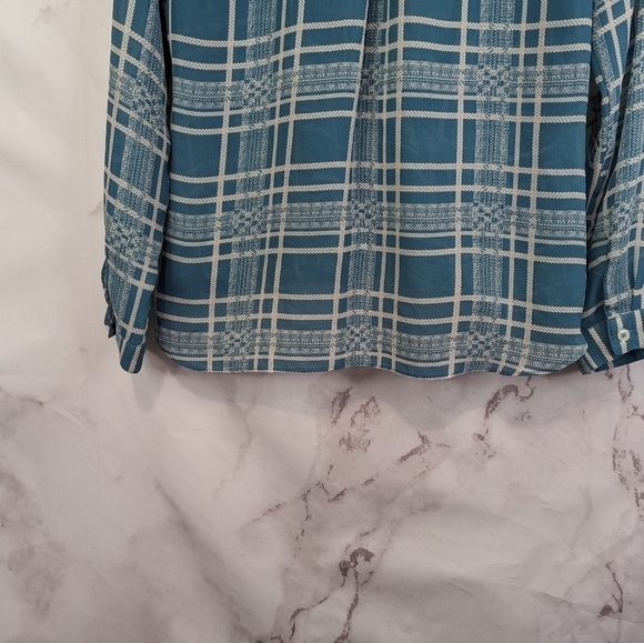 CAbi Blouse Blue Medium 3068 Windowpane Plaid Surplice Faux Wrap Top Long Sleeve - Picture 8 of 11